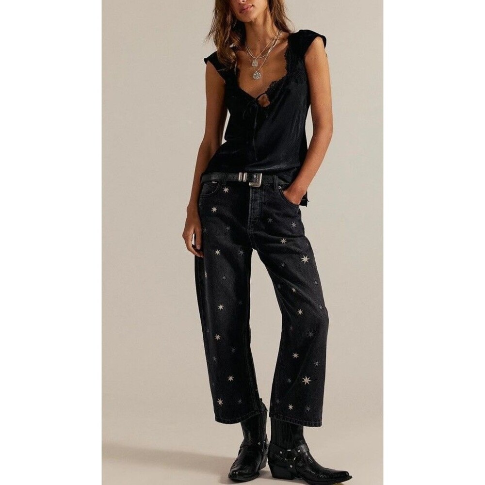 Free People Deep Trance Shine Embroidered Cropped Boyfriend Jeans Size 30 NWT